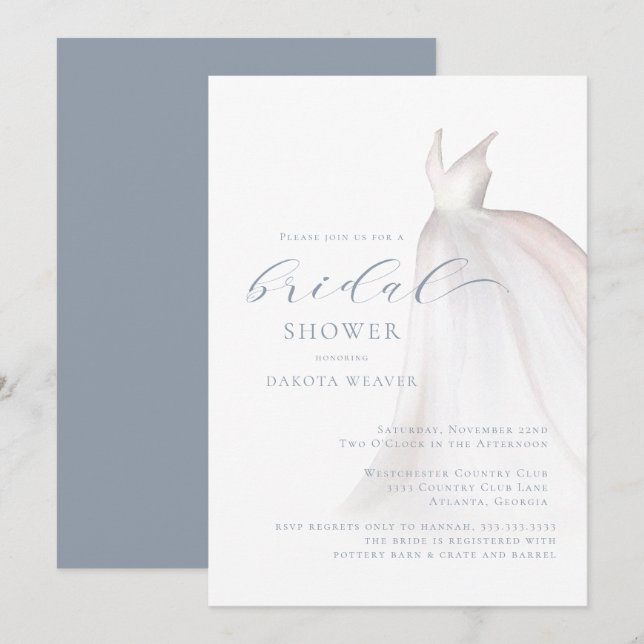 Invitación Duste Boda azul blanco vestido con ducha de novia (Anverso / Reverso)