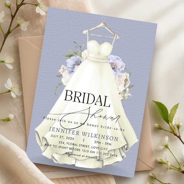 Invitación Duste Boda azul vestido vestido vestido vestido ve (Dusty Blue Wedding Gown Dress Bridal Shower Invitation)