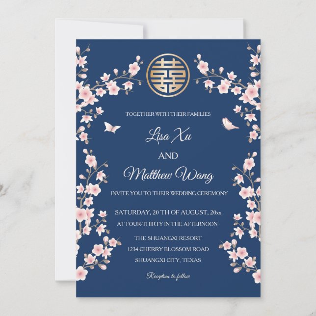 Invitación Duste Boda chino con flores de cerezo azul rosa (Anverso)