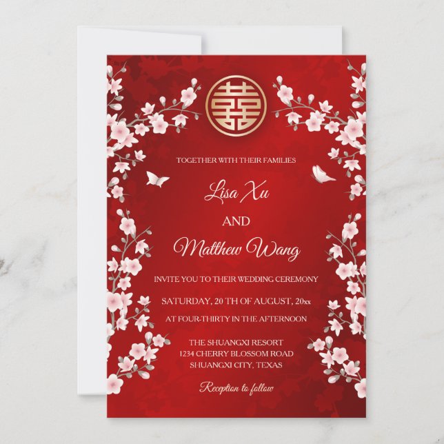 Invitación Duste Boda chino con flores de cerezo rosado (Anverso)