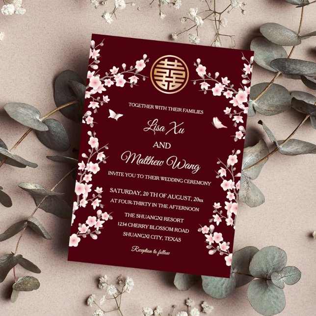 Invitación Duste Boda chino con flores de cerezo rosado (Subido por el creador)
