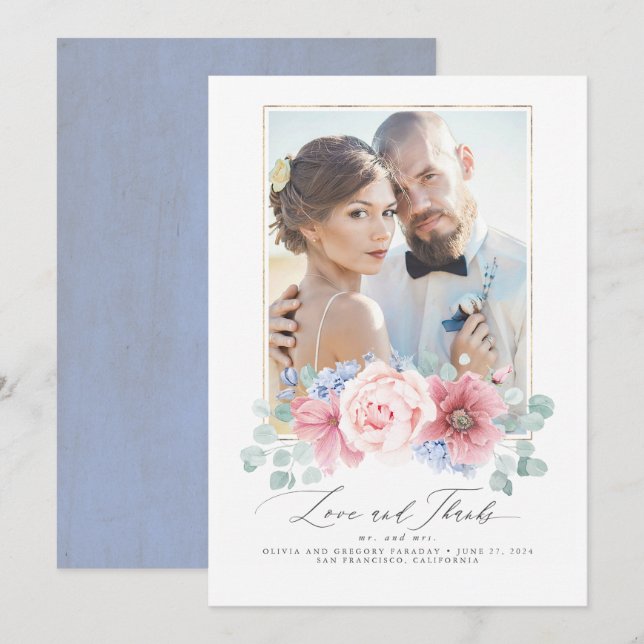 Invitación Duste Boda Floral Azul rosado y agitado gracias (Anverso / Reverso)