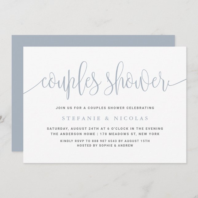 Invitación Duste Bonito azul caligrafía Ducha de las parejas (Anverso / Reverso)