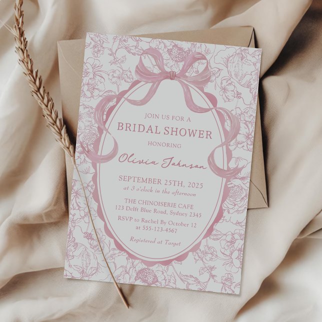 Invitación Duste Bow Chinoiserie rosa Floral Bridal Shower (Subido por el creador)