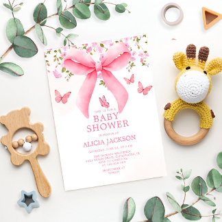 Invitación Duste Bow Rosado Floral Coquette Butterflies Baby