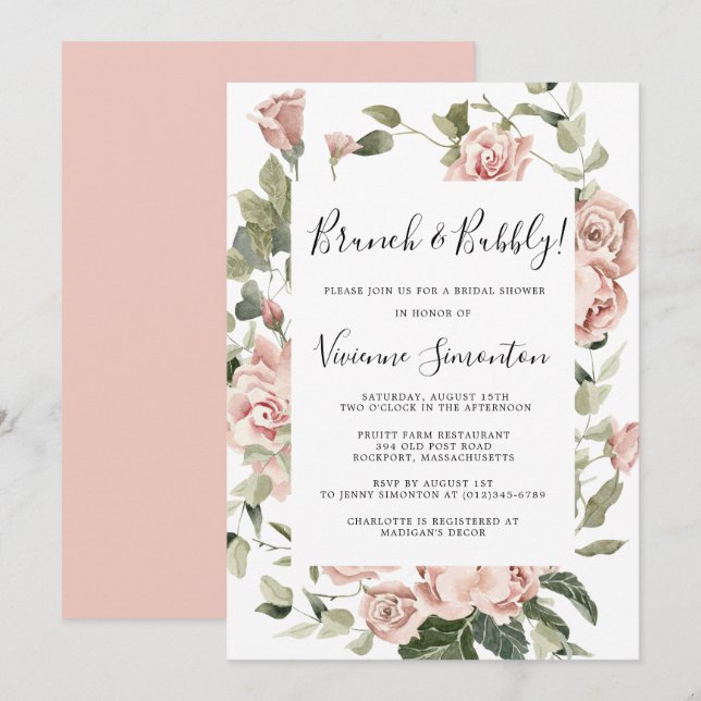 Invitación Duste brunch floral rosa rosado y burbujeante (Anverso / Reverso)