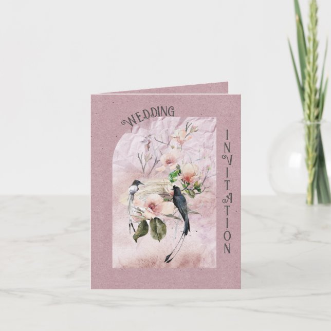 Invitación Duste Burgundy Magnolia florece y Boda de Aves (Anverso)