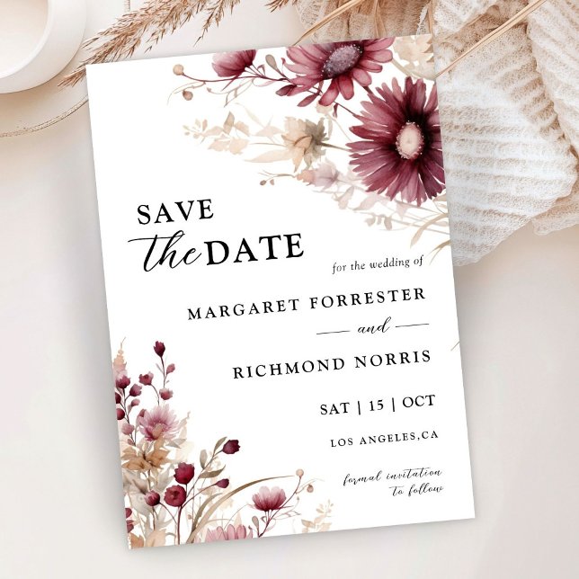 Invitación Duste Burgundy Wildflowers Wedding Save the Date ( (Subido por el creador)