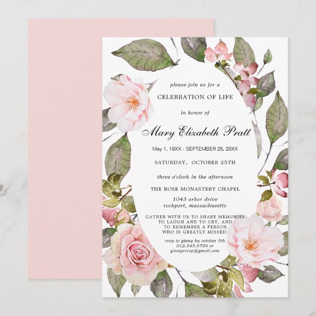 Invitación Duste celebración de la vida en Rubor con flores r (Anverso / Reverso)