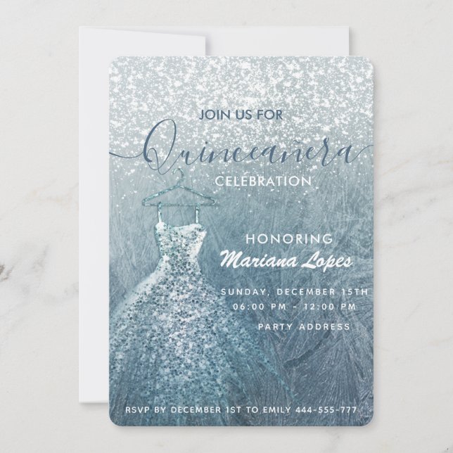 Invitación Duste cielo de invierno de nieve azul Quinceañera (Anverso)