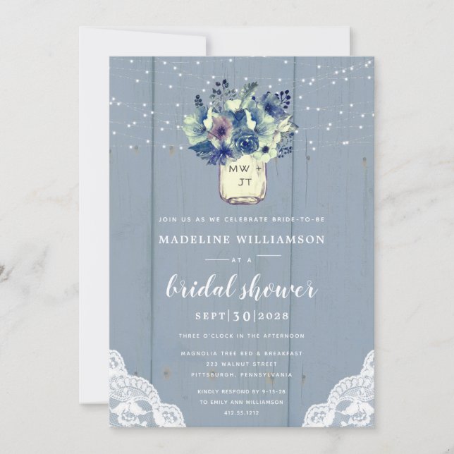 Invitación Duste Country Blue Mason Jar Lace Bridal Shower (Anverso)