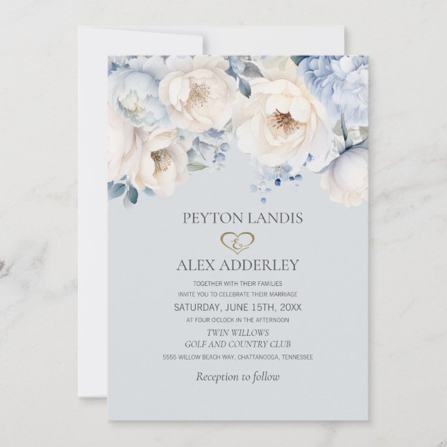 Invitación Duste crema azul blanco floral Boda de oro (Anverso)