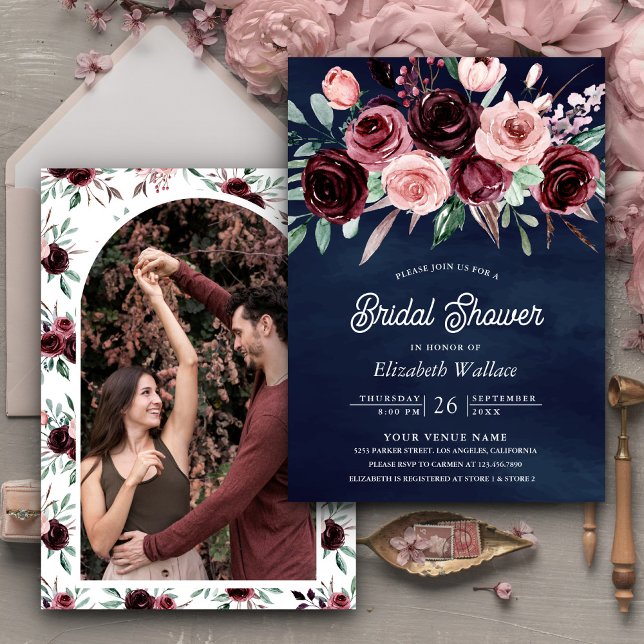 Invitación Duste ducha azul de novia de la marina floral rosa (Subido por el creador)