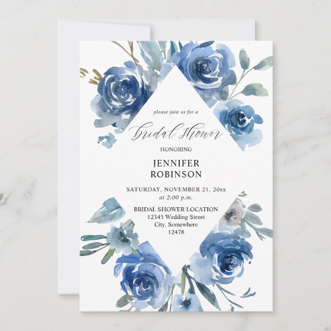 Invitación Duste ducha azul y azul floral de novia (Anverso)