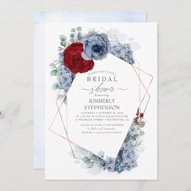 Invitación Duste ducha azul y borgoña roja floral de novia (Anverso / Reverso)