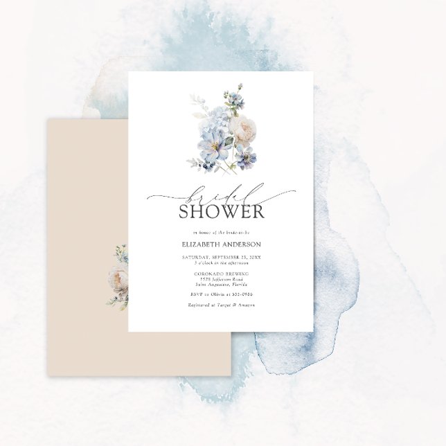Invitación Duste ducha azul y Rubor rosa floral de novia (Subido por el creador)