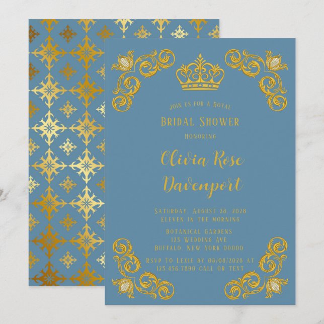 Invitación Duste ducha de novia azul y oro Royal Crown Damask (Anverso / Reverso)