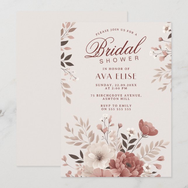 Invitación Duste ducha de novia con flores rosadas (Anverso / Reverso)