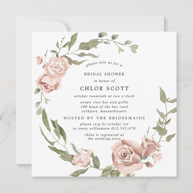 Invitación Duste ducha de novia dorada rosa rosa rosa floral (Anverso)