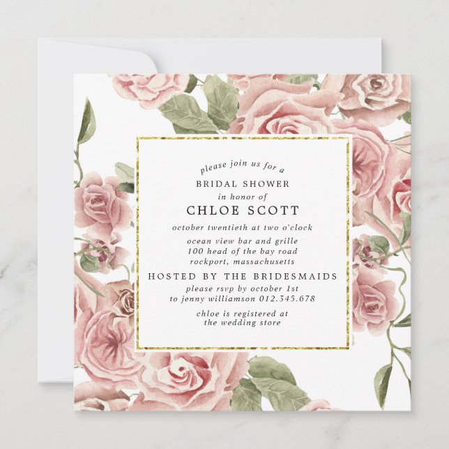 Invitación Duste ducha de novia dorada rosa rosa rosa floral (Anverso)