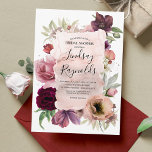 Invitación Duste ducha marrón rosa borgoñona floral vintage<br><div class="desc">Flores vintage rosa y burdeos color de agua rojo oscuro y turbulento invitaciones a la ducha de novia</div>