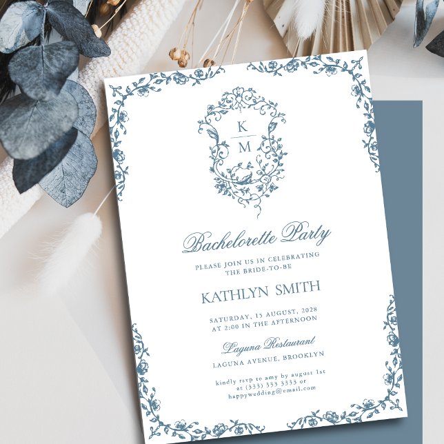 Invitación Duste Escudo de cosecha azul Floral Bachelorette P (Subido por el creador)