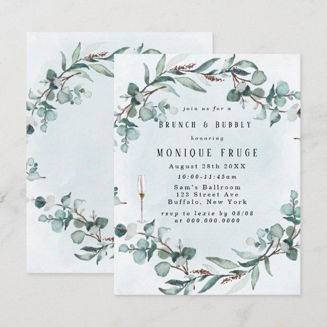 Invitación Duste eucalipto azul verde Brunch & Bubbly (Anverso / Reverso)
