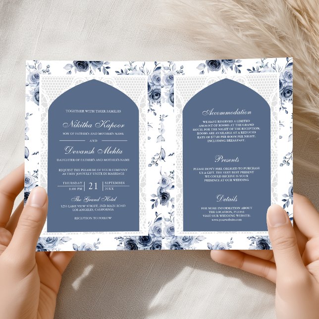 Invitación Duste floral azul en un solo Boda indio (Subido por el creador)