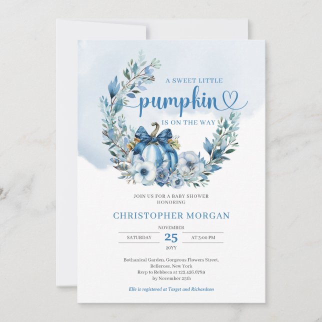 Invitación Duste floral azul floral pequeña calabaza bebé (Anverso)