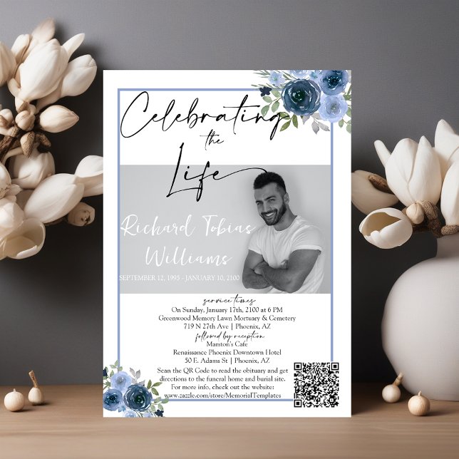 Invitación Duste Floral azul QR Código Memorial Foto Funeral (Subido por el creador)