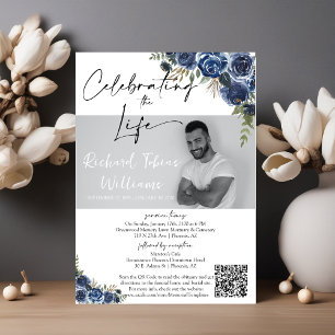 Invitación Duste Floral azul QR Código Memorial Foto Funeral
