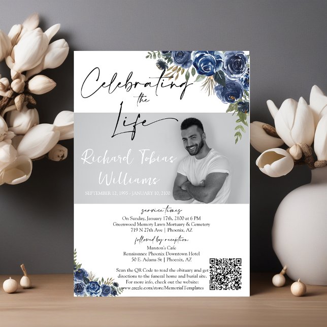 Invitación Duste Floral azul QR Código Memorial Foto Funeral (Subido por el creador)