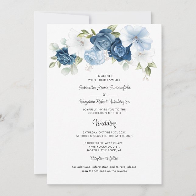 Invitación Duste Floral azul QR código todo en un Boda (Anverso)