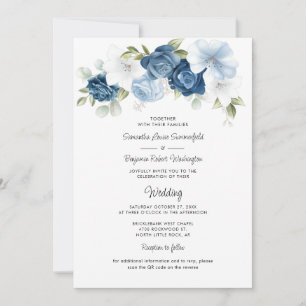 Invitación Duste Floral azul QR código todo en un Boda