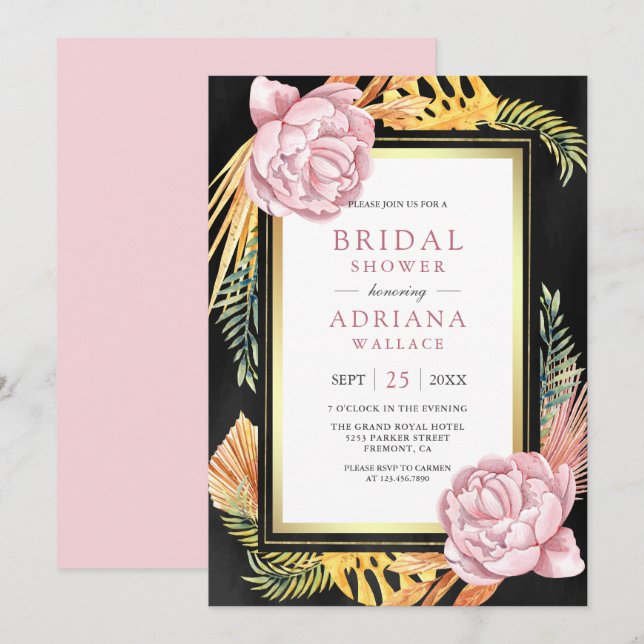 Invitación Duste Floral rosa Boho Palm Negro Ducha de novia (Anverso / Reverso)