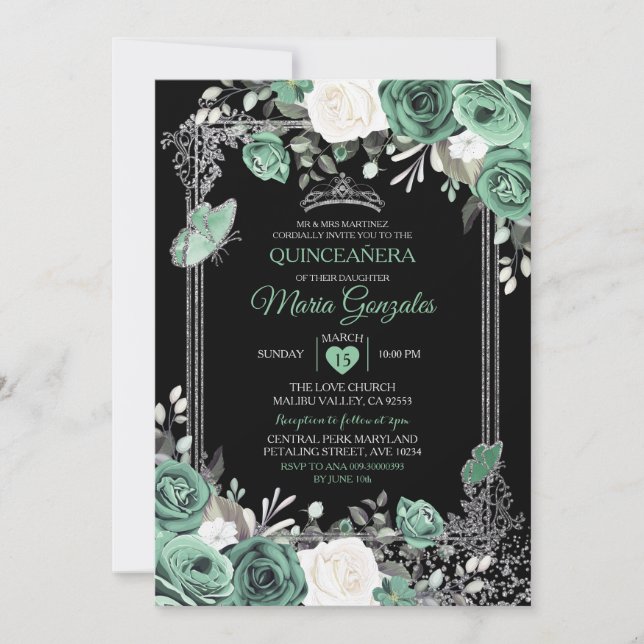 Invitación Duste Green Charra Mexicana Mis Quince Mariposa (Anverso)