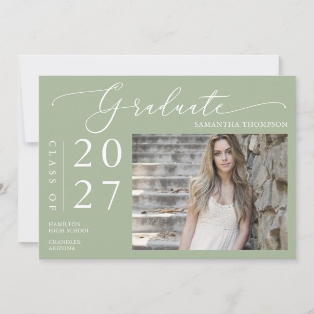 Invitación Duste Green Minimal Script School Graduation Photo (Anverso)