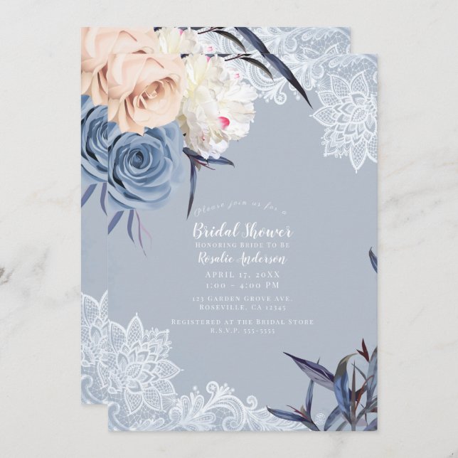 Invitación Duste Gris azul y ducha de novia de encaje floral  (Anverso / Reverso)
