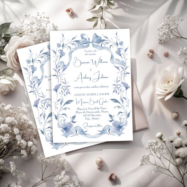 Invitación Duste lazo de vegetación floral azul elegante boda (Dusty blue floral greenery ribbon elegant wedding invitation cards with RSVP)