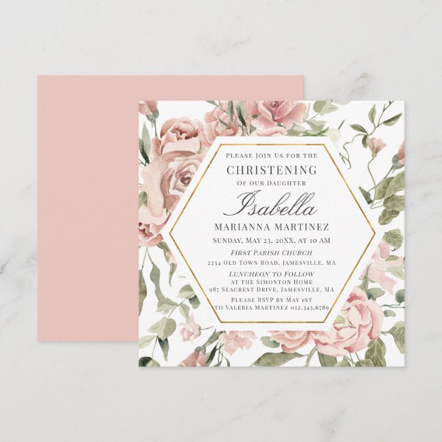 Invitación Duste marco dorado floral rosado (Anverso / Reverso)