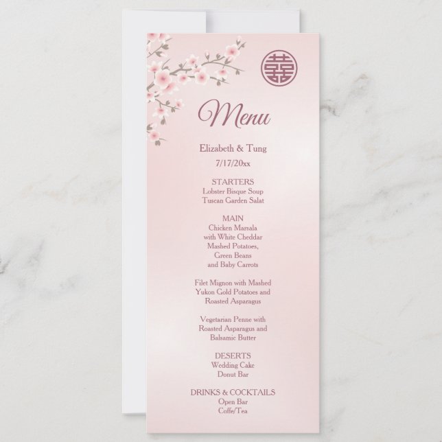 Invitación Duste menú Boda chino con flores de cerezo rosa (Anverso)