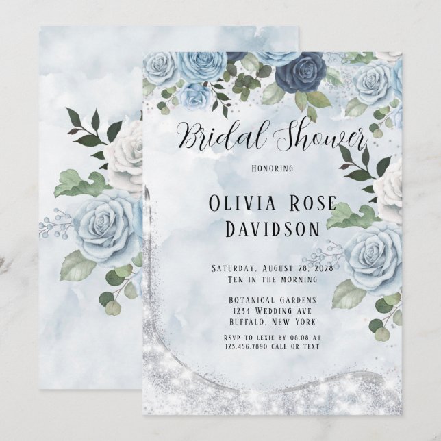 Invitación Duste Moda azul acuarela Floral Bridal Shower (Anverso / Reverso)