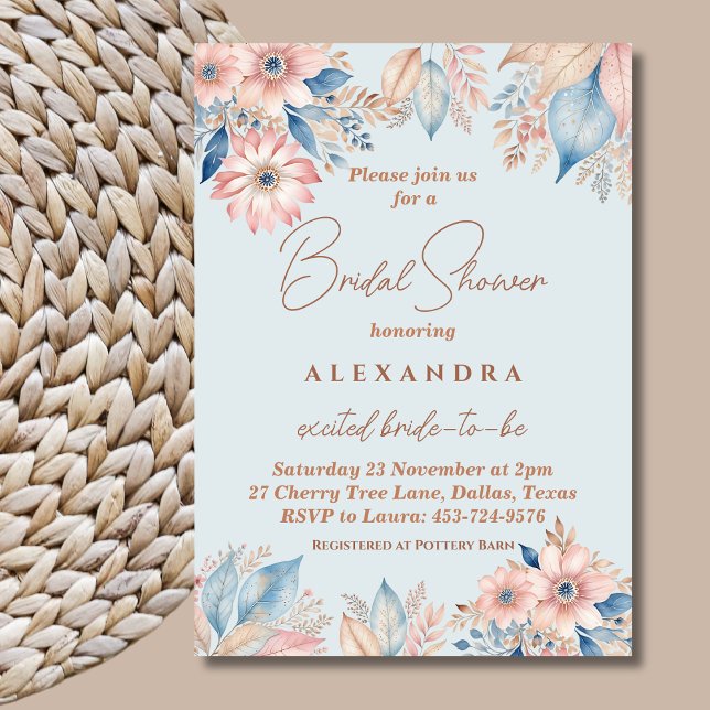 Invitación Duste Moda azul rosado Floral Boho  Bridal Shower (Subido por el creador)