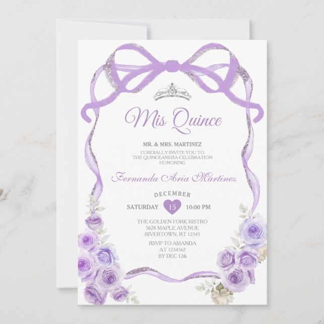 Invitación Duste morado Floral Cinta de vaca Plata Mi Quince (Anverso)