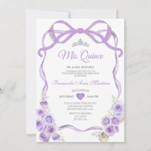 Invitación Duste morado Floral Cinta de vaca Plata Mi Quince