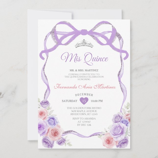Invitación Duste morado morado rosado floral sinuoso de plata (Anverso)