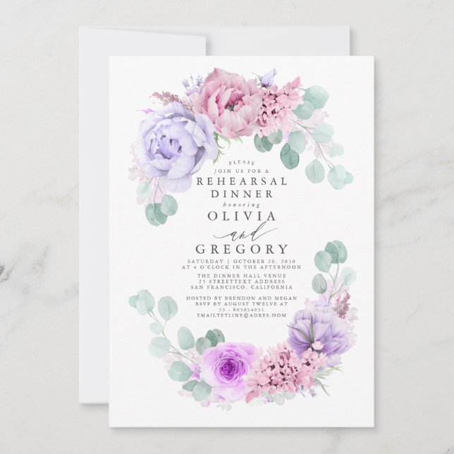 Invitación Duste morado y rosado ensayo floral cena (Anverso)