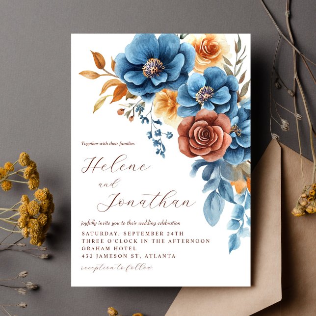 Invitación Duste Naranja Azul Terracotta Elegante Boda (Dusty Blue Orange Terracotta Elegant Wedding Invitation)