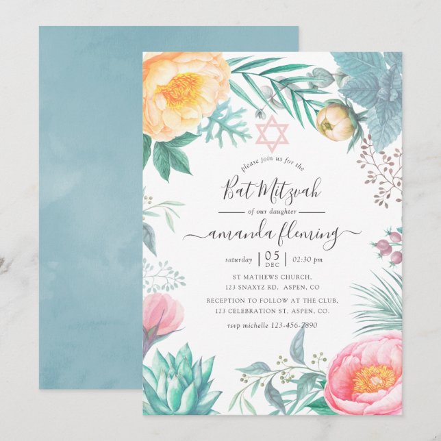 Invitación Duste Pastel Tropical Floral Bat Mitzvah (Anverso / Reverso)