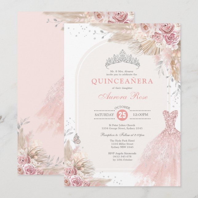 Invitación Duste Plata Rosa Boho Flor Quinceañera Vestido (Anverso / Reverso)